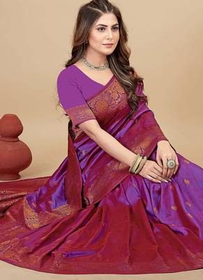 Magenta purple silk blend banarasi saree with copper zari weaving, floral border 2