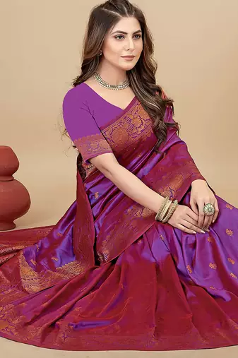 Magenta purple silk blend banarasi saree with copper zari weaving, floral border