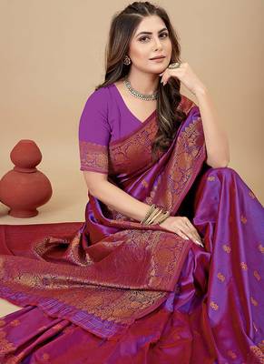 Magenta purple silk blend banarasi saree with copper zari weaving, floral border 3