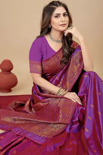 Magenta purple silk blend banarasi saree with copper zari weaving, floral border