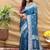 Teal blue silk blend banarasi saree with silver zari border and peacock pallu