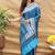 Teal blue silk blend banarasi saree with silver zari border and peacock pallu