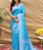 Sky blue silk blend banarasi saree with silver zari border and peacock pallu