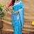 Sky blue silk blend banarasi saree with silver zari border and peacock pallu