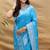 Sky blue silk blend banarasi saree with silver zari border and peacock pallu