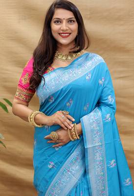 Sky blue silk blend banarasi saree with silver zari border and peacock pallu 4