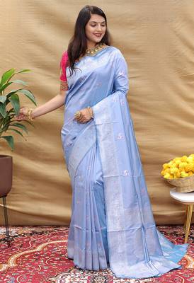 Lavender silk blend banarasi saree with silver zari border and peacock pallu 1