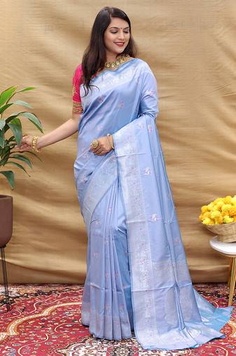 Lavender silk blend banarasi saree with silver zari border and peacock pallu