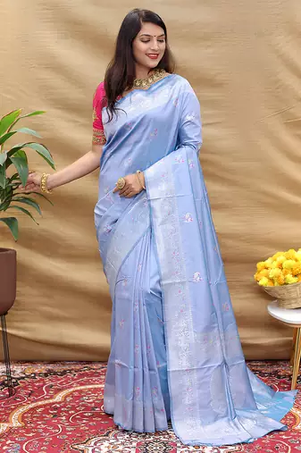 Lavender silk blend banarasi saree with silver zari border and peacock pallu