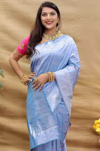 Lavender silk blend banarasi saree with silver zari border and peacock pallu