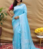 Sky blue silk blend banarasi saree with silver zari border and peacock pallu