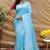 Sky blue silk blend banarasi saree with silver zari border and peacock pallu