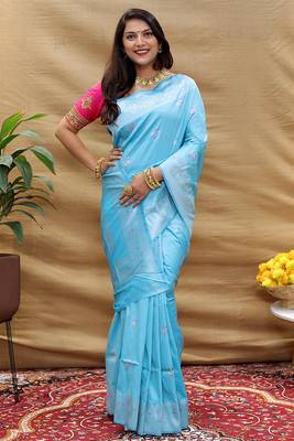 Sky blue silk blend banarasi saree with silver zari border and peacock pallu 2