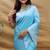 Sky blue silk blend banarasi saree with silver zari border and peacock pallu