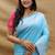 Sky blue silk blend banarasi saree with silver zari border and peacock pallu
