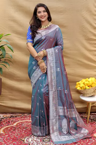 Grey silk blend banarasi saree with silver zari border and peacock pallu
