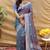 Grey silk blend banarasi saree with silver zari border and peacock pallu