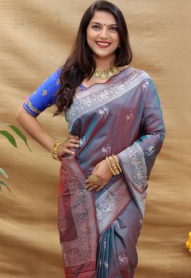 Grey silk blend banarasi saree with silver zari border and peacock pallu 3