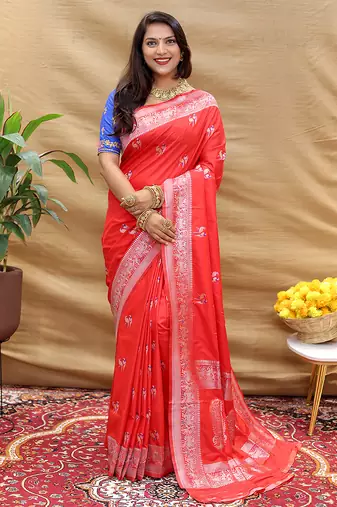 Red silk blend banarasi saree with silver zari border and peacock pallu