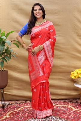 Red silk blend banarasi saree with silver zari border and peacock pallu 2