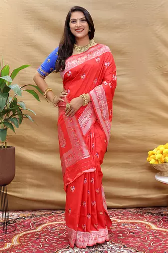 Red silk blend banarasi saree with silver zari border and peacock pallu