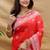 Red silk blend banarasi saree with silver zari border and peacock pallu