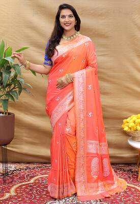 Peach pink silk blend banarasi saree with silver zari border and peacock pallu 1