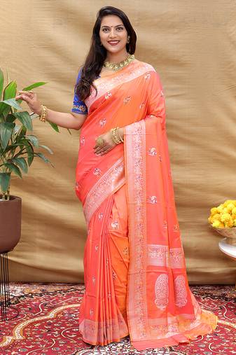 Peach pink silk blend banarasi saree with silver zari border and peacock pallu