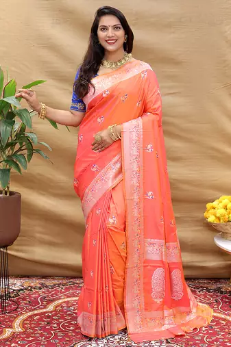 Peach pink silk blend banarasi saree with silver zari border and peacock pallu