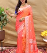 Peach pink silk blend banarasi saree with silver zari border and peacock pallu