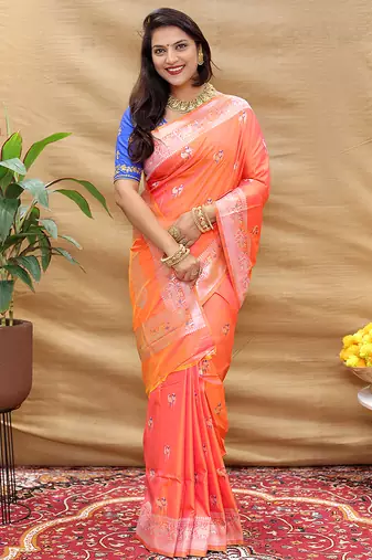 Peach pink silk blend banarasi saree with silver zari border and peacock pallu