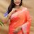 Peach pink silk blend banarasi saree with silver zari border and peacock pallu