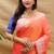 Peach pink silk blend banarasi saree with silver zari border and peacock pallu