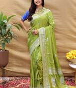 Light olive silk blend banarasi saree with silver zari border and peacock pallu