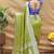 Light olive silk blend banarasi saree with silver zari border and peacock pallu