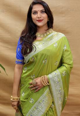 Light olive silk blend banarasi saree with silver zari border and peacock pallu 3