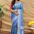Blue silk blend banarasi saree with silver zari border and peacock pallu