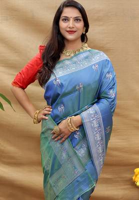 Blue silk blend banarasi saree with silver zari border and peacock pallu 3