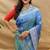 Blue silk blend banarasi saree with silver zari border and peacock pallu