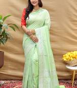Mint green silk blend banarasi saree with silver zari border and peacock pallu