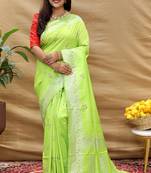 Lime green silk blend banarasi saree with silver zari border and peacock pallu