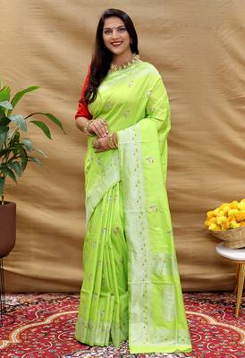 Lime green silk blend banarasi saree with silver zari border and peacock pallu 2
