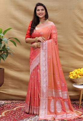 Peach silk blend banarasi saree with silver zari border and peacock pallu 1