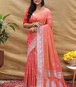Peach silk blend banarasi saree with silver zari border and peacock pallu