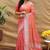 Peach silk blend banarasi saree with silver zari border and peacock pallu