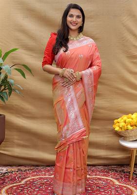 Peach silk blend banarasi saree with silver zari border and peacock pallu 2