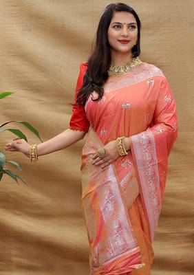 Peach silk blend banarasi saree with silver zari border and peacock pallu 3