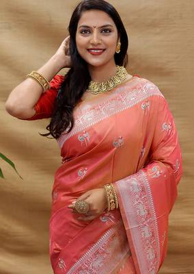 Peach silk blend banarasi saree with silver zari border and peacock pallu 4