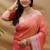 Peach silk blend banarasi saree with silver zari border and peacock pallu
