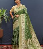 Dark green silk blend banarasi saree with all-over gold zari jaal work